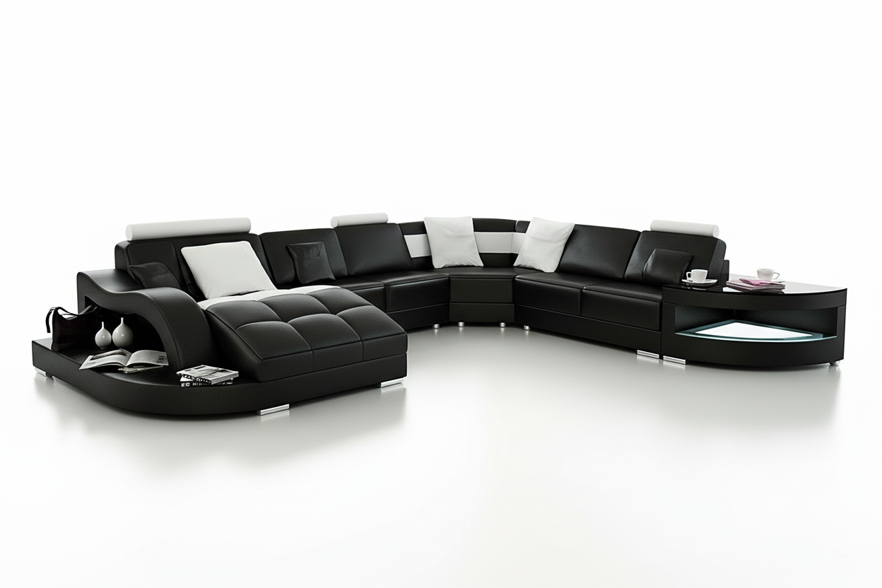 Navasota Large Leather Sectional Curve Chaise&Side Table-LED Light