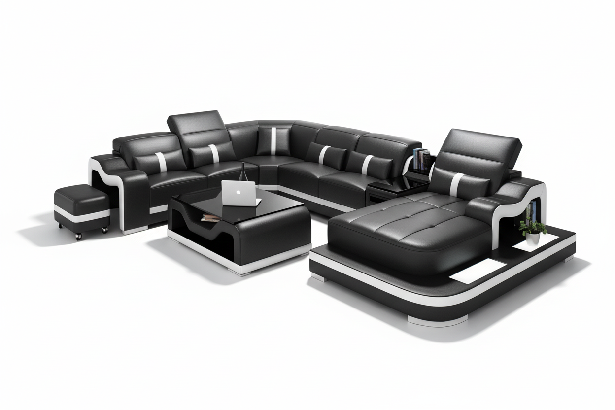 Modern Sydney Leather Sectional With Side Table&LED Light|Modern