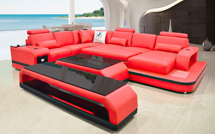 Everly Italian Leather Sectional-Red & Black
