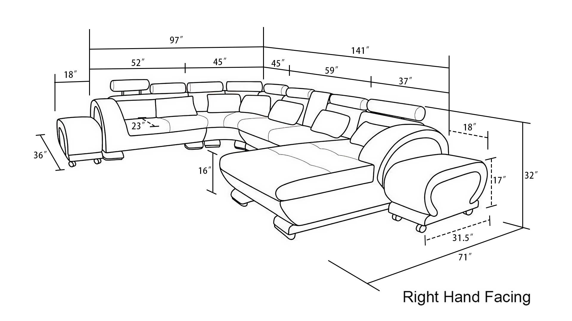 Angle Leather Sectional with Adjustable Headrest
