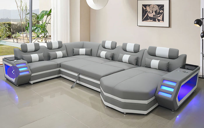 Light Grey & White Eileend Italian Leather Sectional with LED Lights