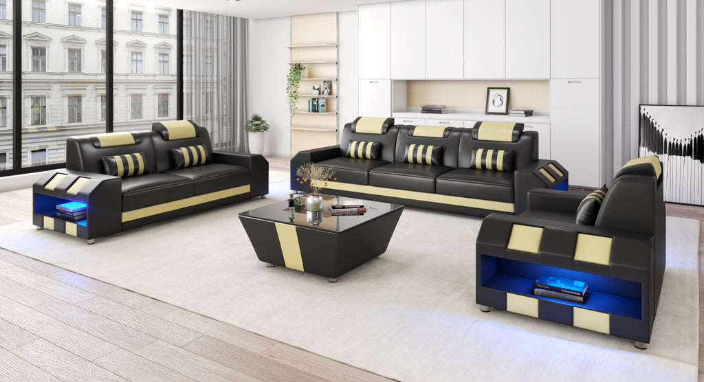 Cosmo LED Leather Sofa Set - Modern 3-Piece Living Room Set with Mood Lighting