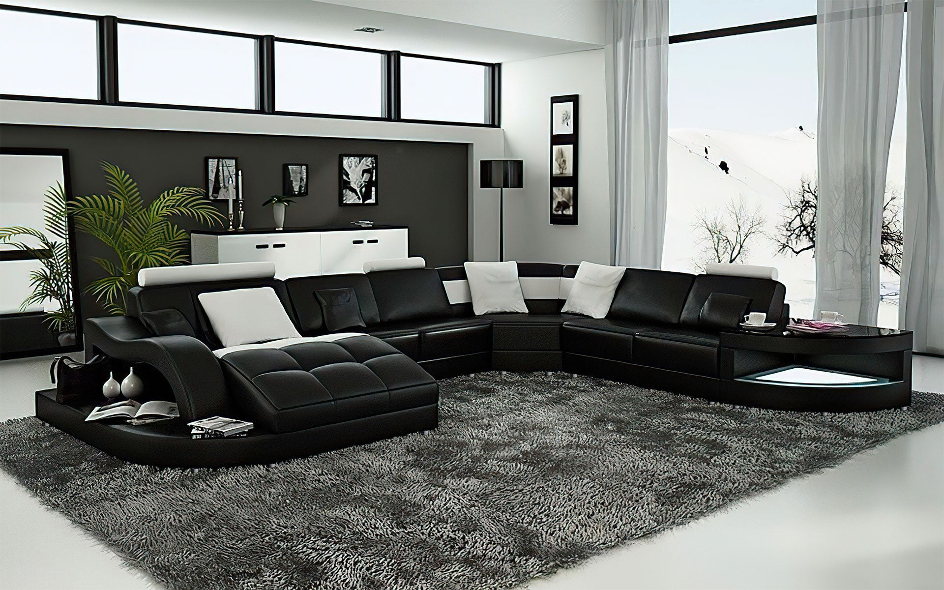 Navasota Large Leather Sectional Curve Chaise&Side Table-LED Light