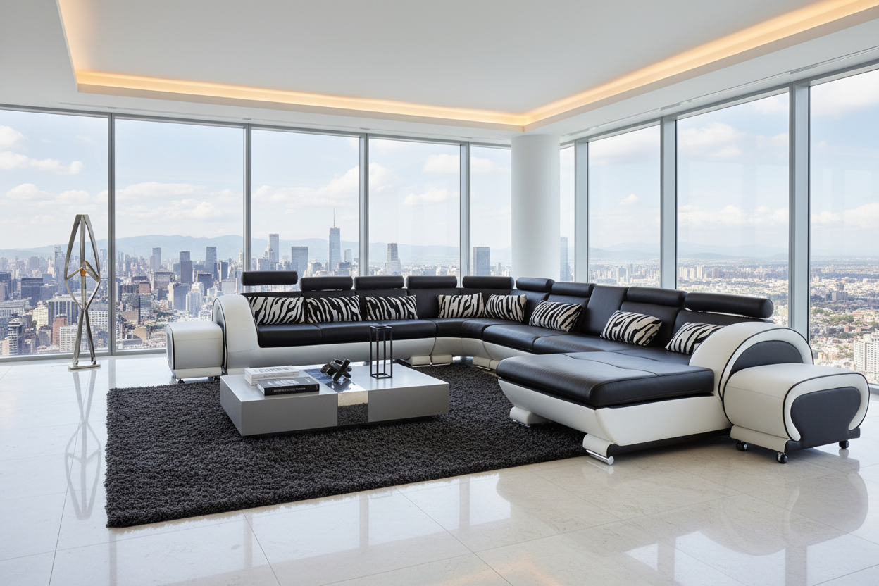 Angle Leather Sectional with Adjustable Headrest