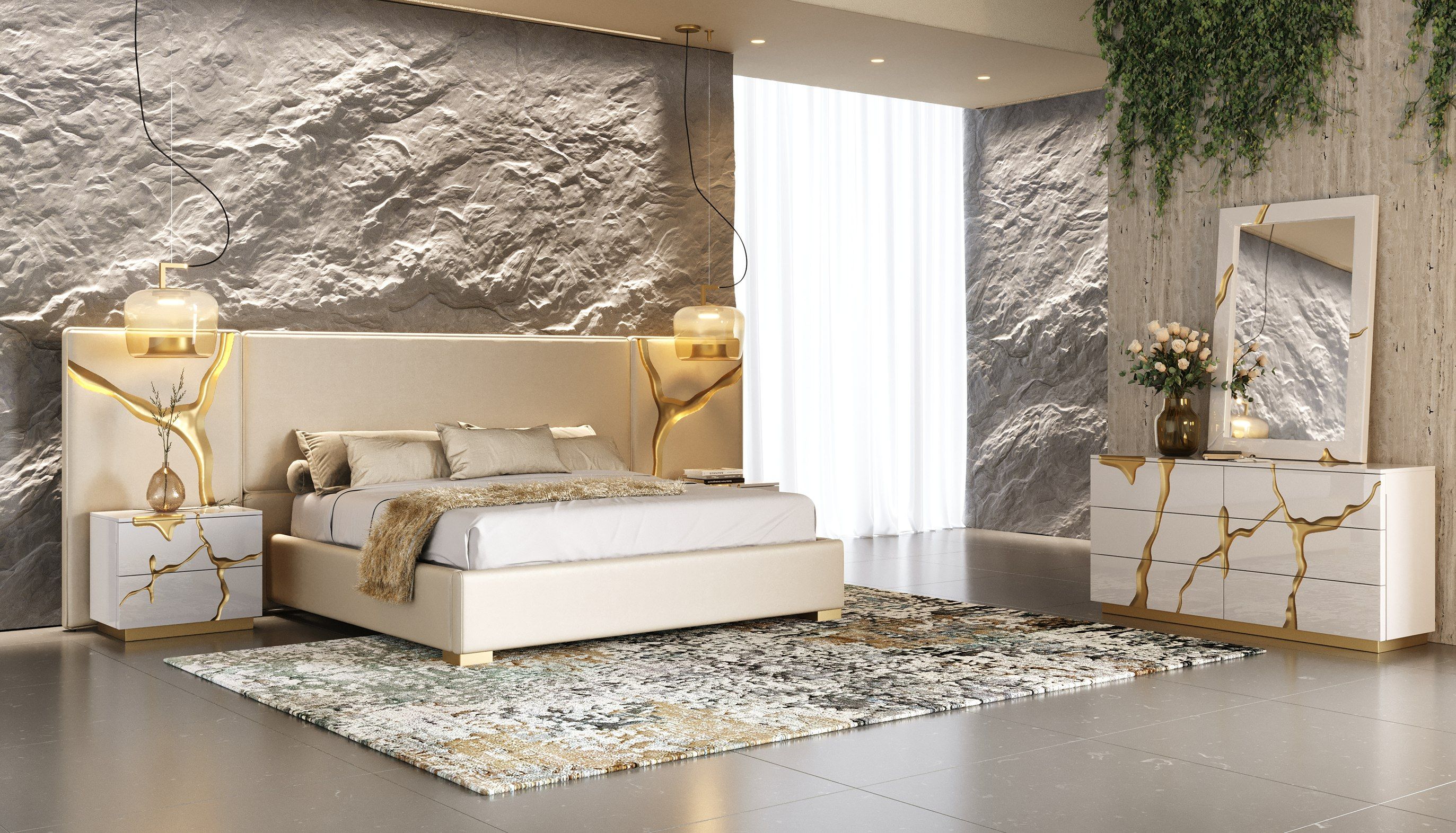 Modrest Alva - Modern Beige + White + Gold Bedroom Set
