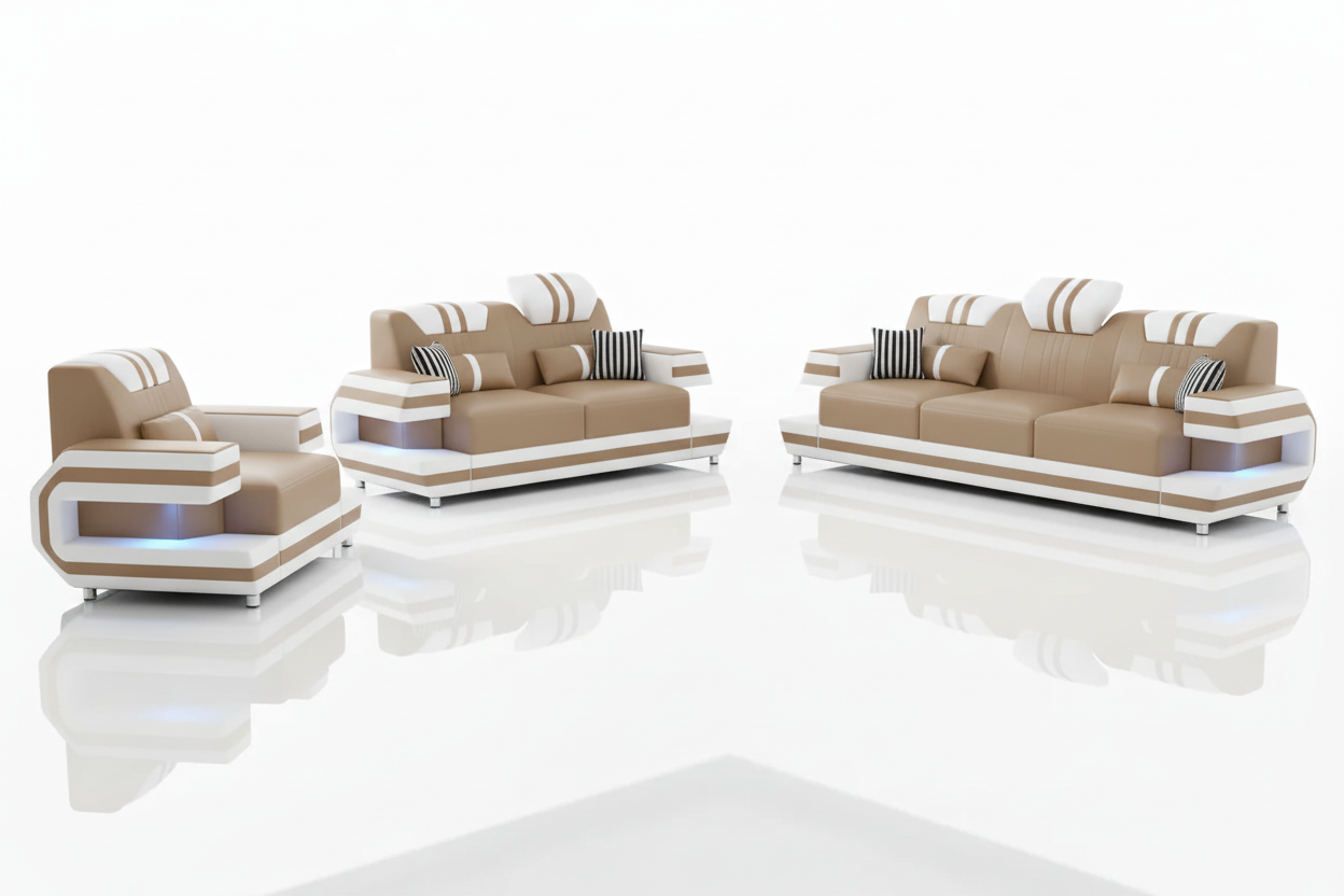 Aura Leather Sofa Set Beige White
