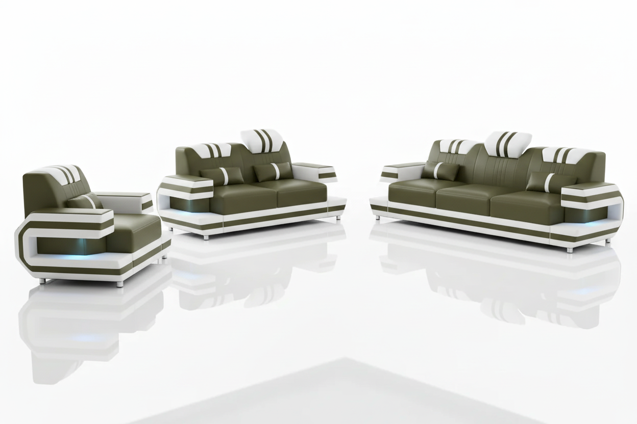 Aura Leather Sofa Set Olive White