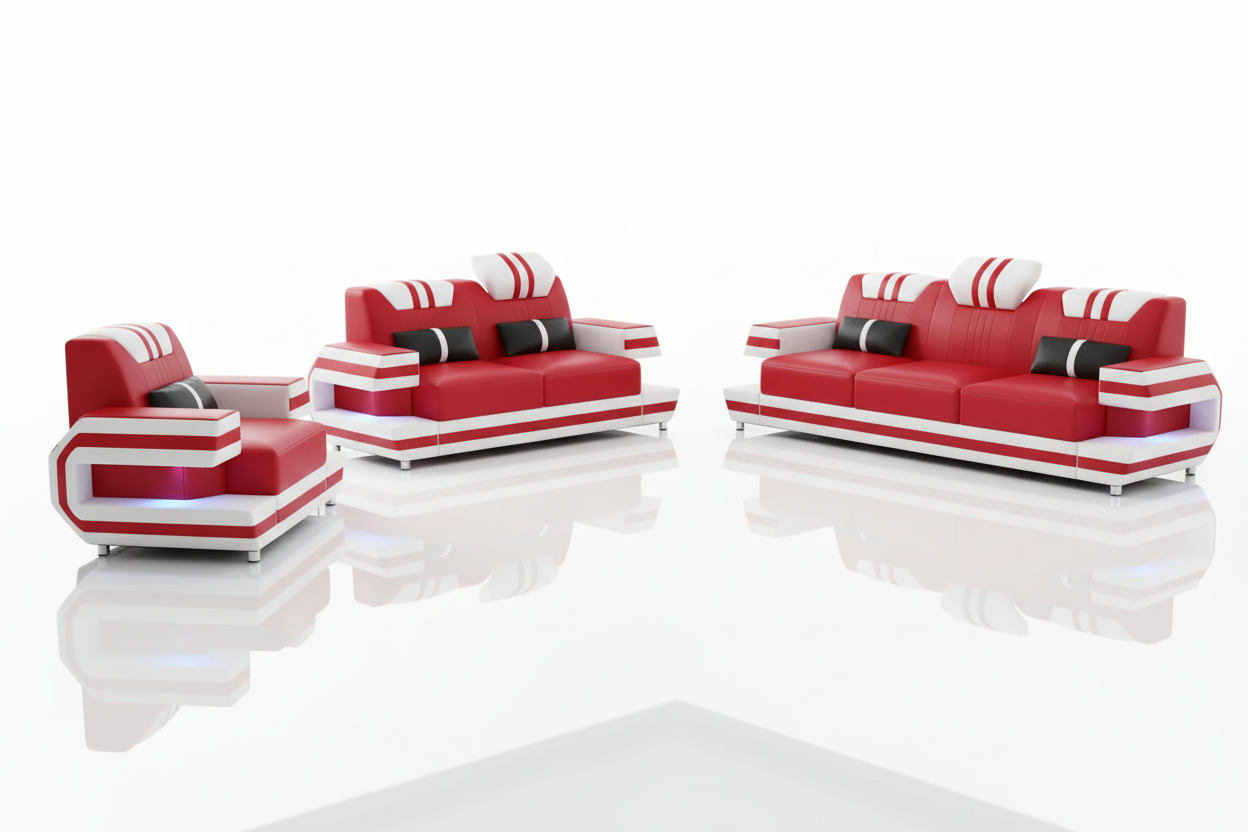 Aura Leather Sofa Set Red White