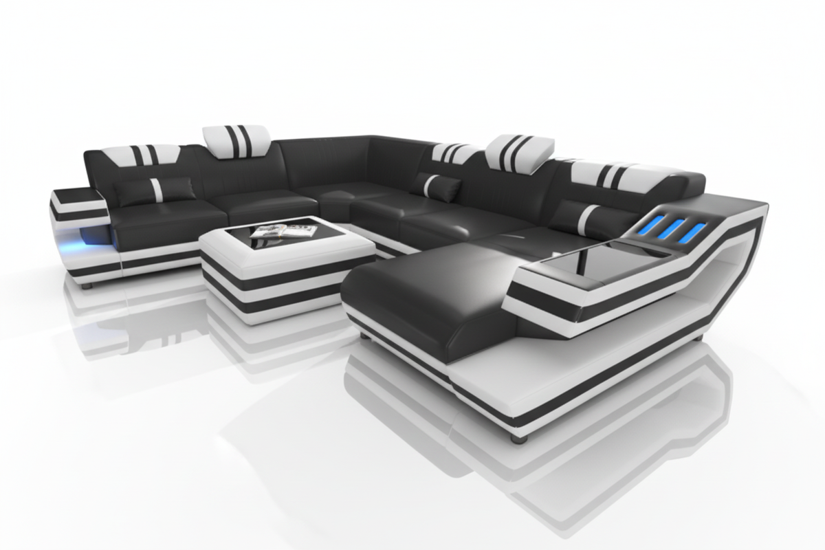 Aura U-Shape Leather Sectional Sofa with LED Light | Modern Designer Couch