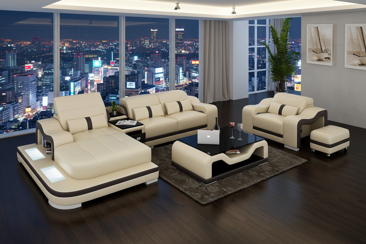 Bayard Leather Sectional With Ottoman - Tokyo High-Rise Night
