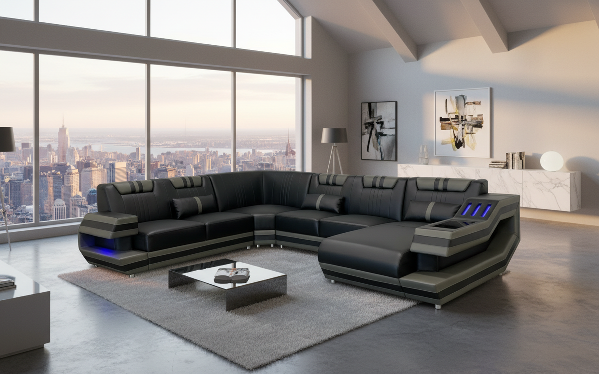 Modern Celine Leather Sectional Design LED Light &USB Port