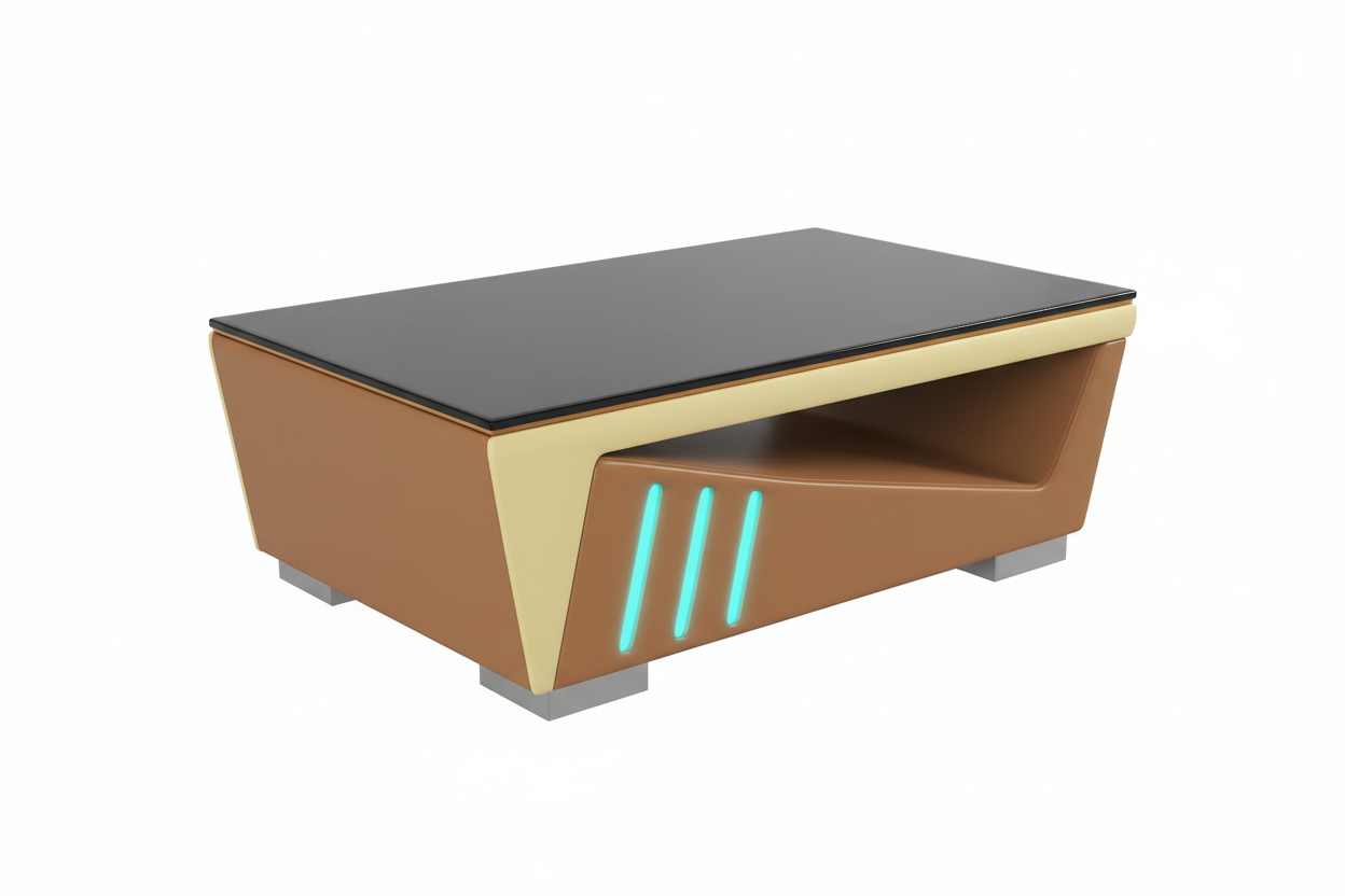 ARENA Coffee Table - Elevated diagonal view showing glass top and geometric base