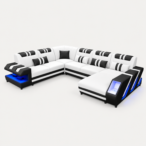 Neptune Modern Leather Sectional with LED Light on warm grey studio background