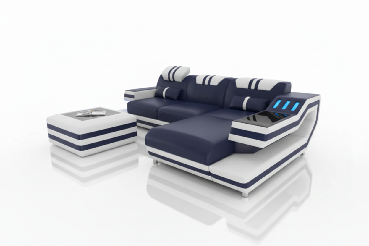 L-Shaped Sectional Navy Blue White