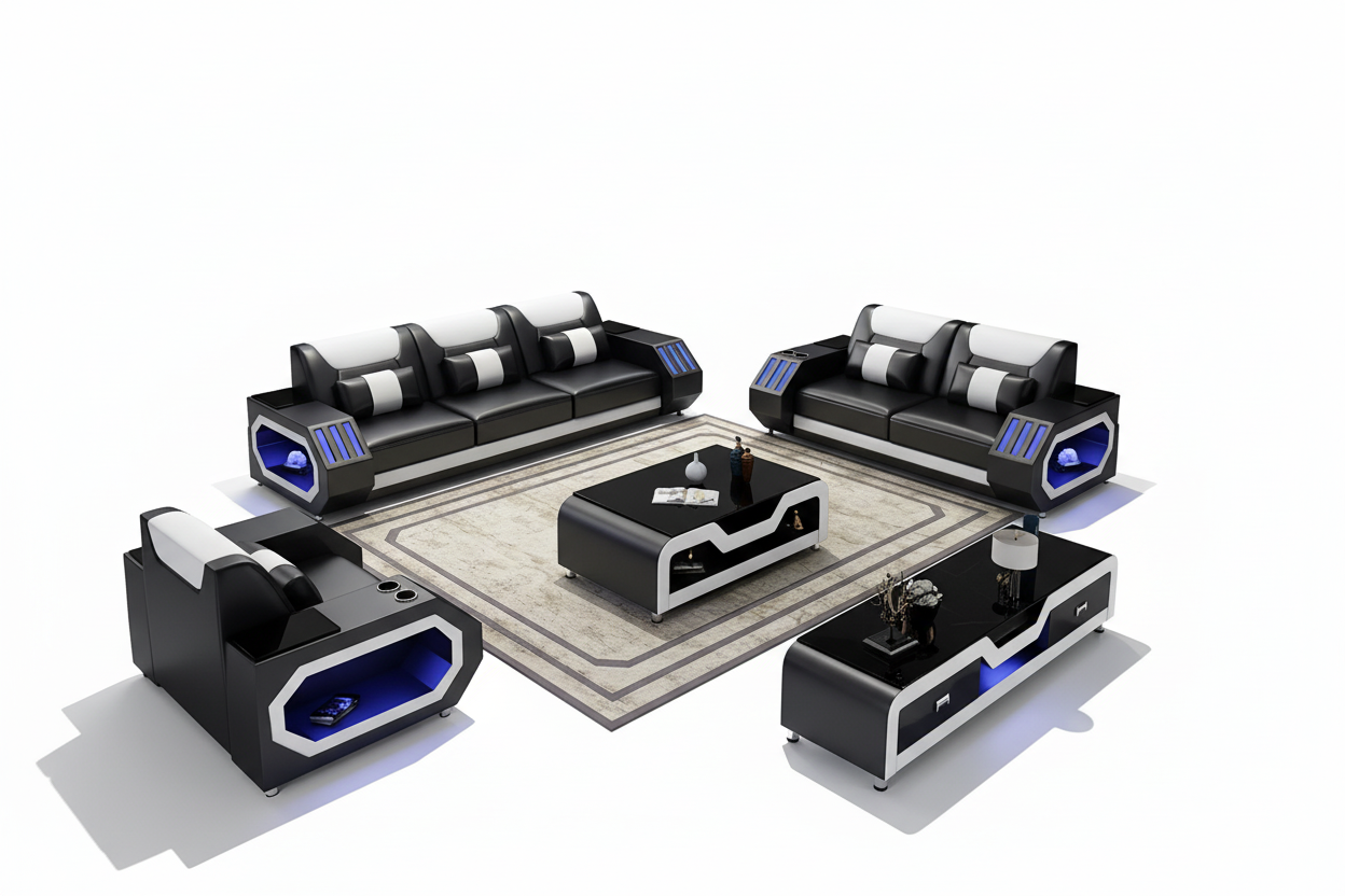 Omont Leather Sofa Set with LED Light - Blank Background 2