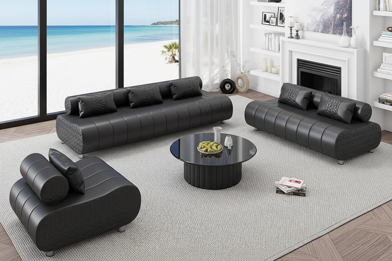 Puffer Modern Leather Sofa Set - Black Beachfront Villa