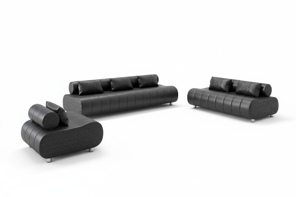 Puffer Modern Leather Sofa Set - Black Complete Set