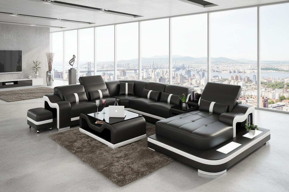 Modern Sydney Leather Sectional With Side Table&LED Light|Modern