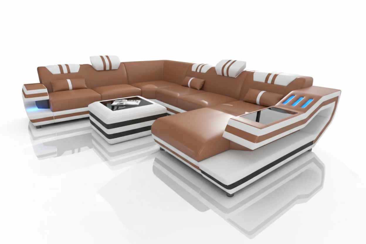 U-Shaped Sectional Light Brown White