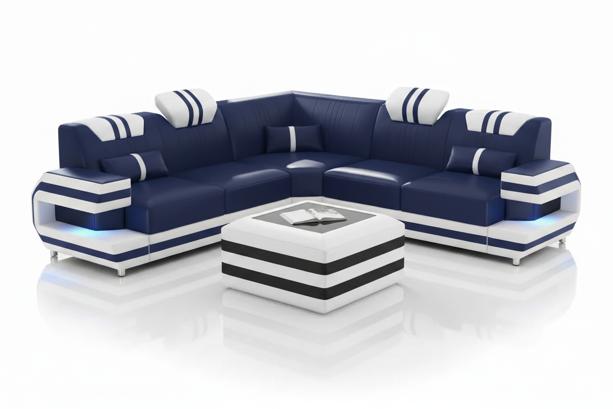 U-Shaped Sectional Navy Blue White