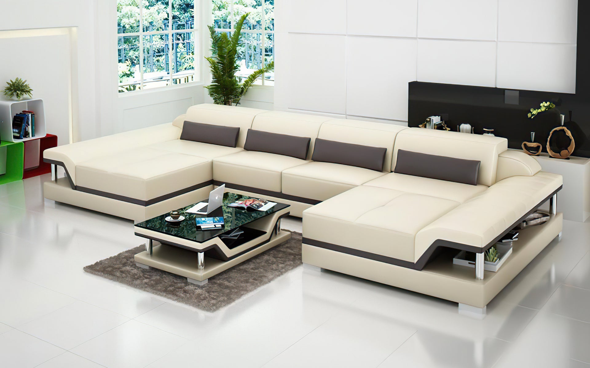 Taliya Small Modern U-Shape Leather Sectional - Beige \u0026 Dark Brown / Bonded  Leather, image size:1920x1200