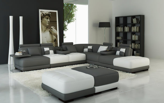 Chessboard Modern Leather Sectional With Ottoman