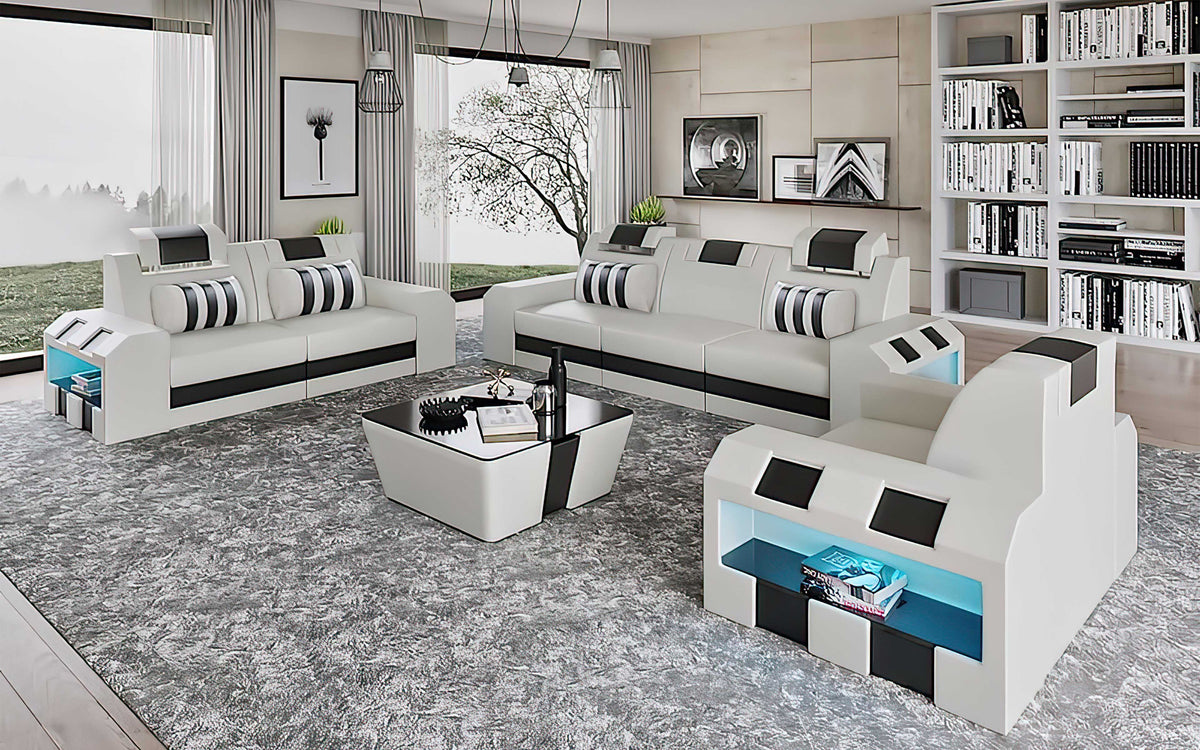 Cosmo LED Leather Sofa Set - Modern 3-Piece Living Room Set with Mood Lighting