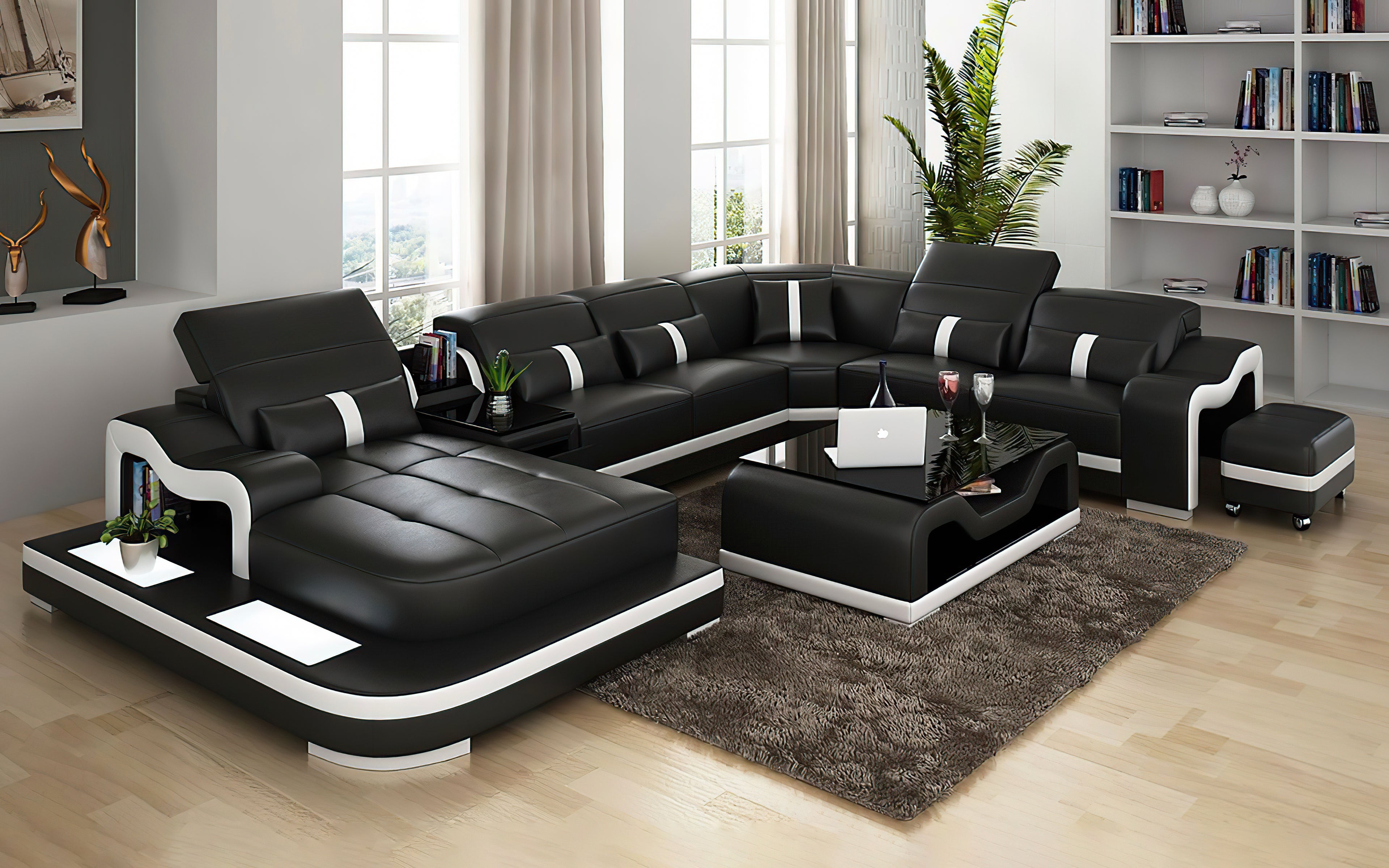 Modern Sydney Leather Sectional With Side Table&LED Light|Modern