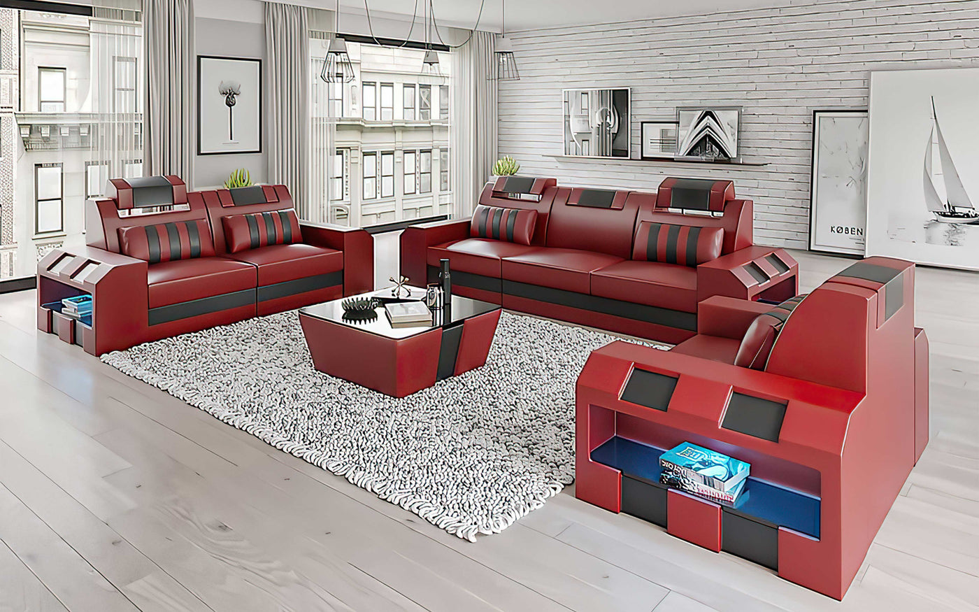 Cosmo Modern Leather Sofa Set With Led