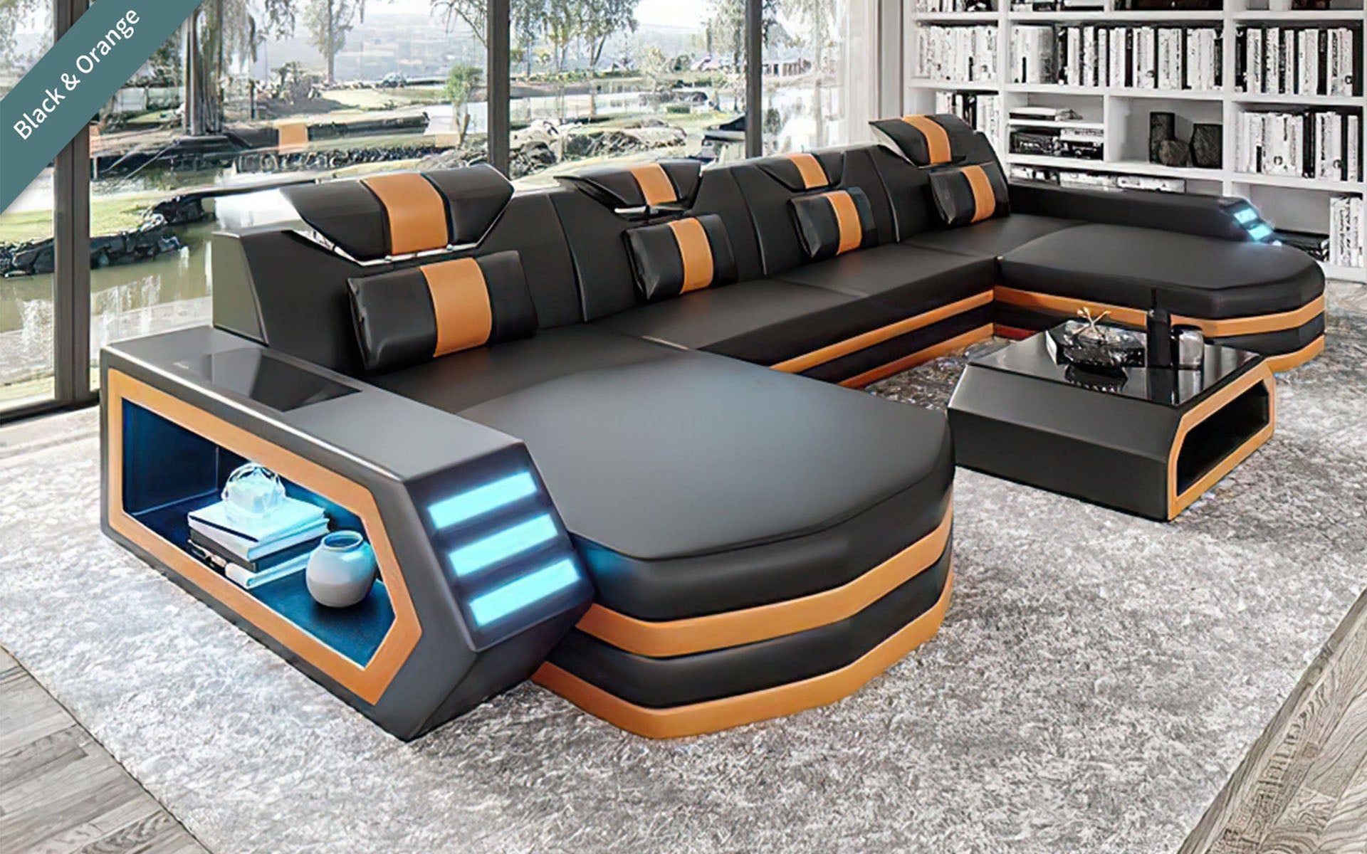 Modern Keenan Small Sectional U Shape-LED Lights&Chaise Lounge