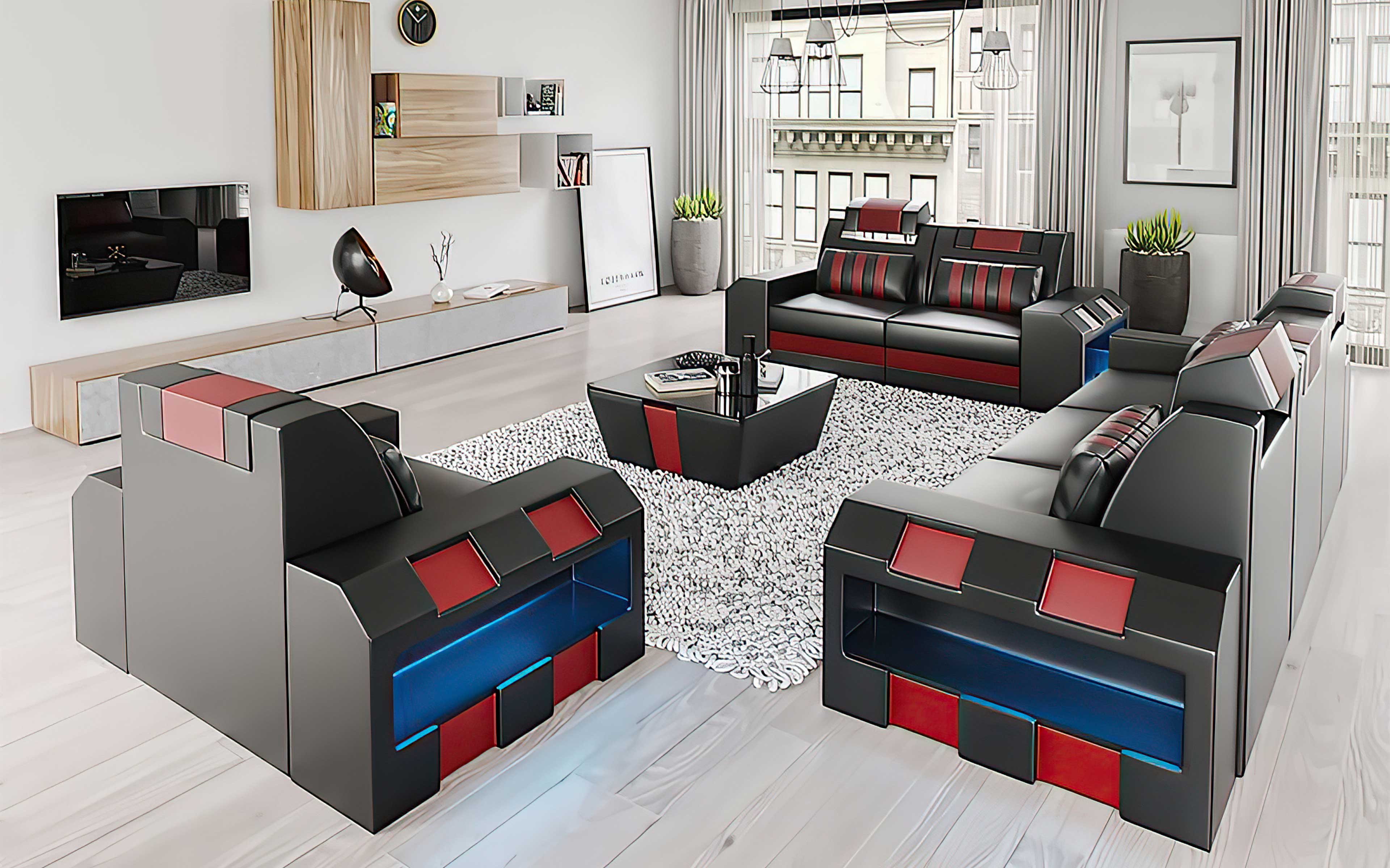 Cosmo Modern Leather Sofa Set with LED