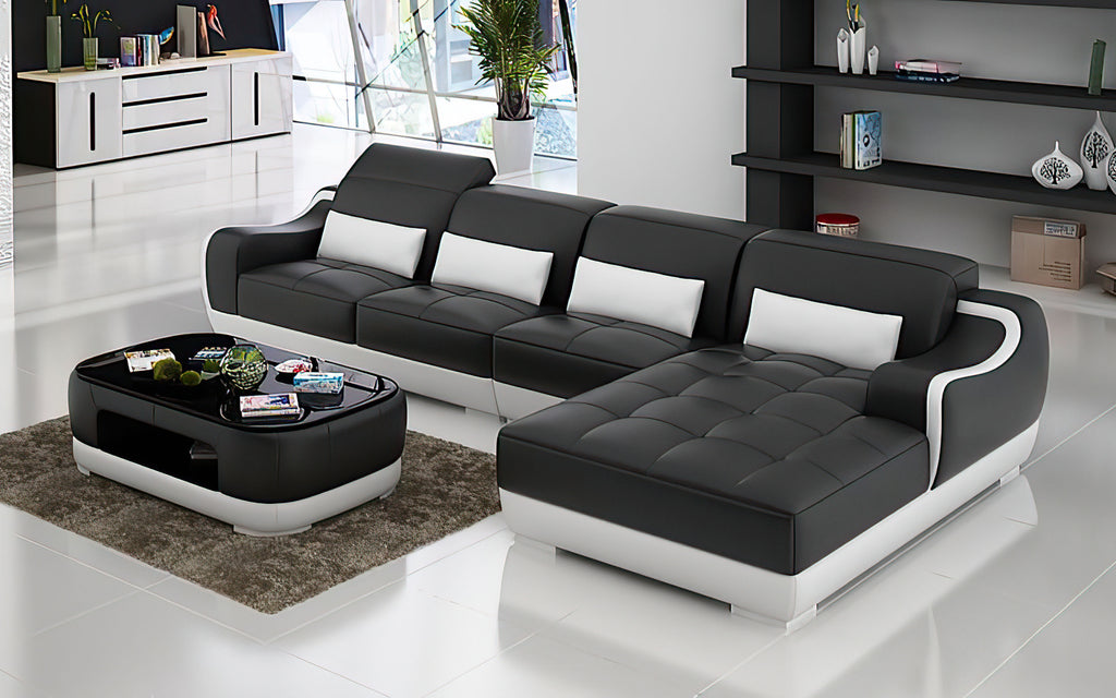 Amir Small Modern Leather Sectional with Tufted Chaise