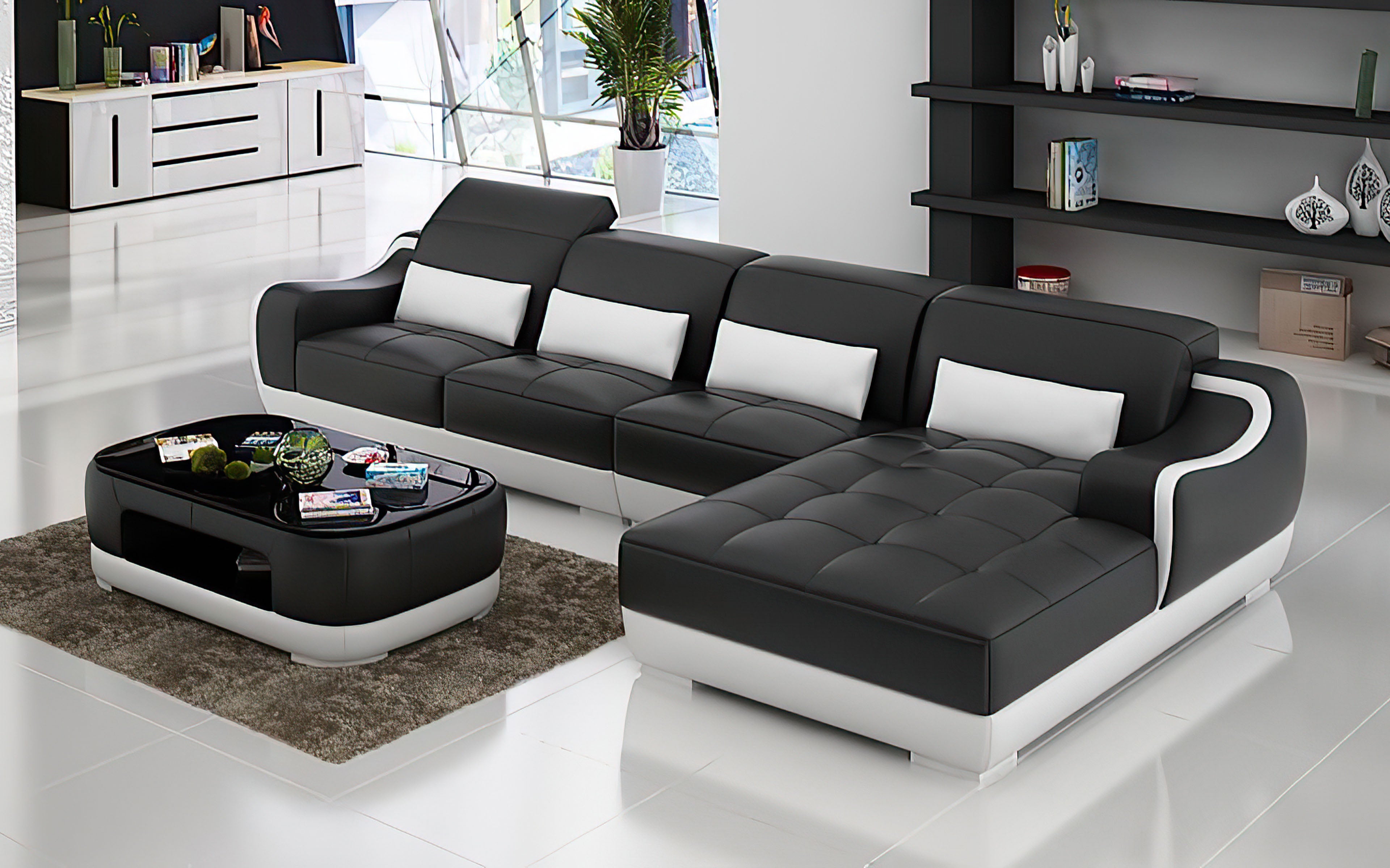 Amir Small Modern Leather Sectional with Tufted Chaise