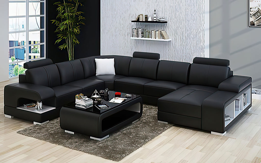 Elza Modern U-Shape Leather Sectional with LED Light