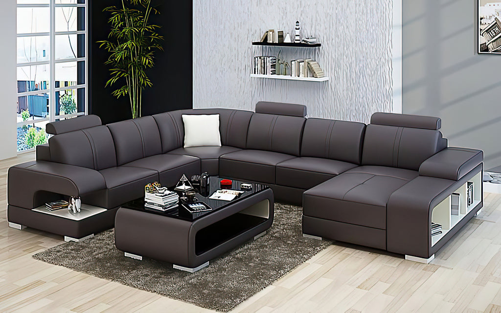Elza Modern U-Shape Leather Sectional with LED Light