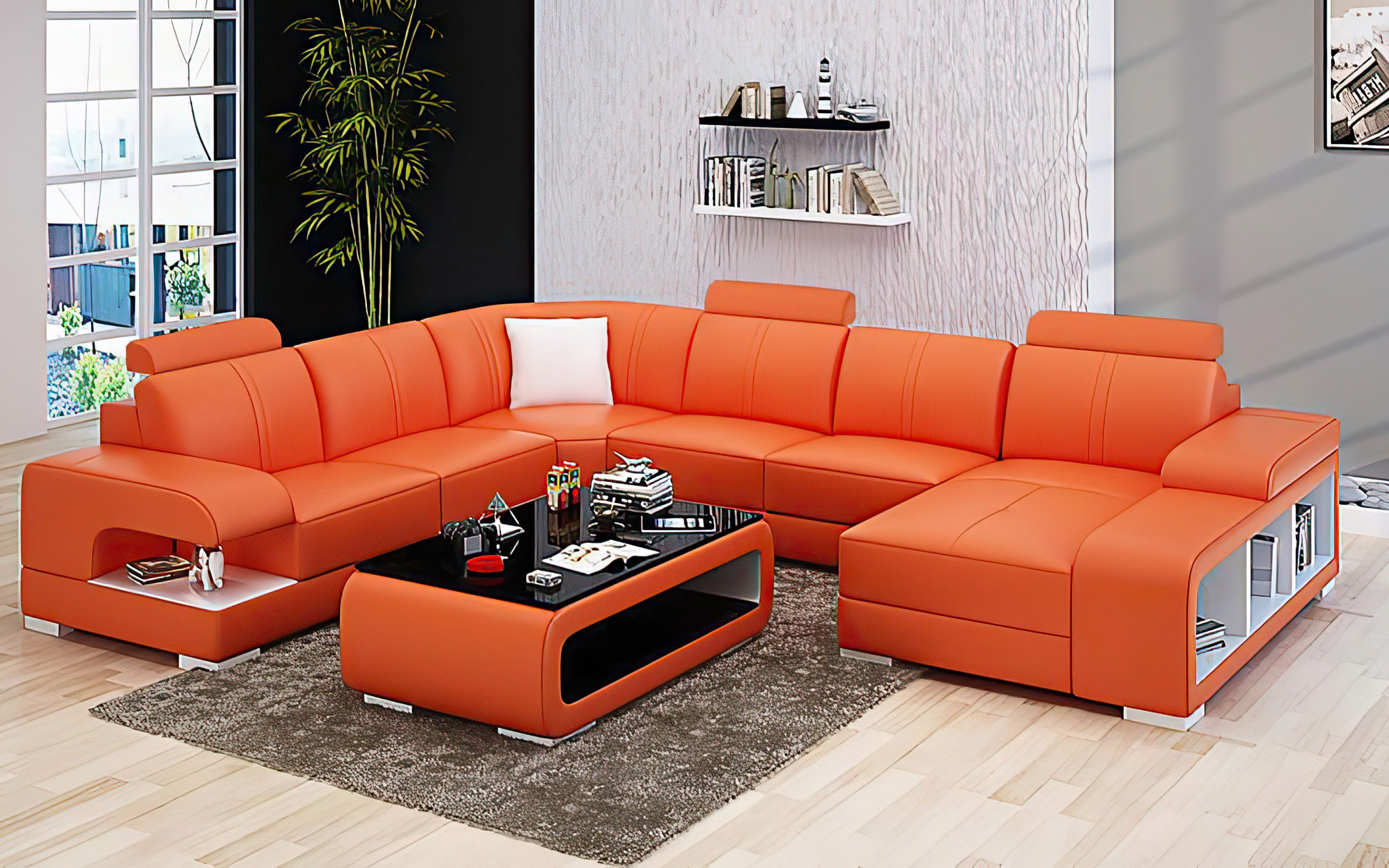 Elza Modern U-Shape Leather Sectional with LED Light