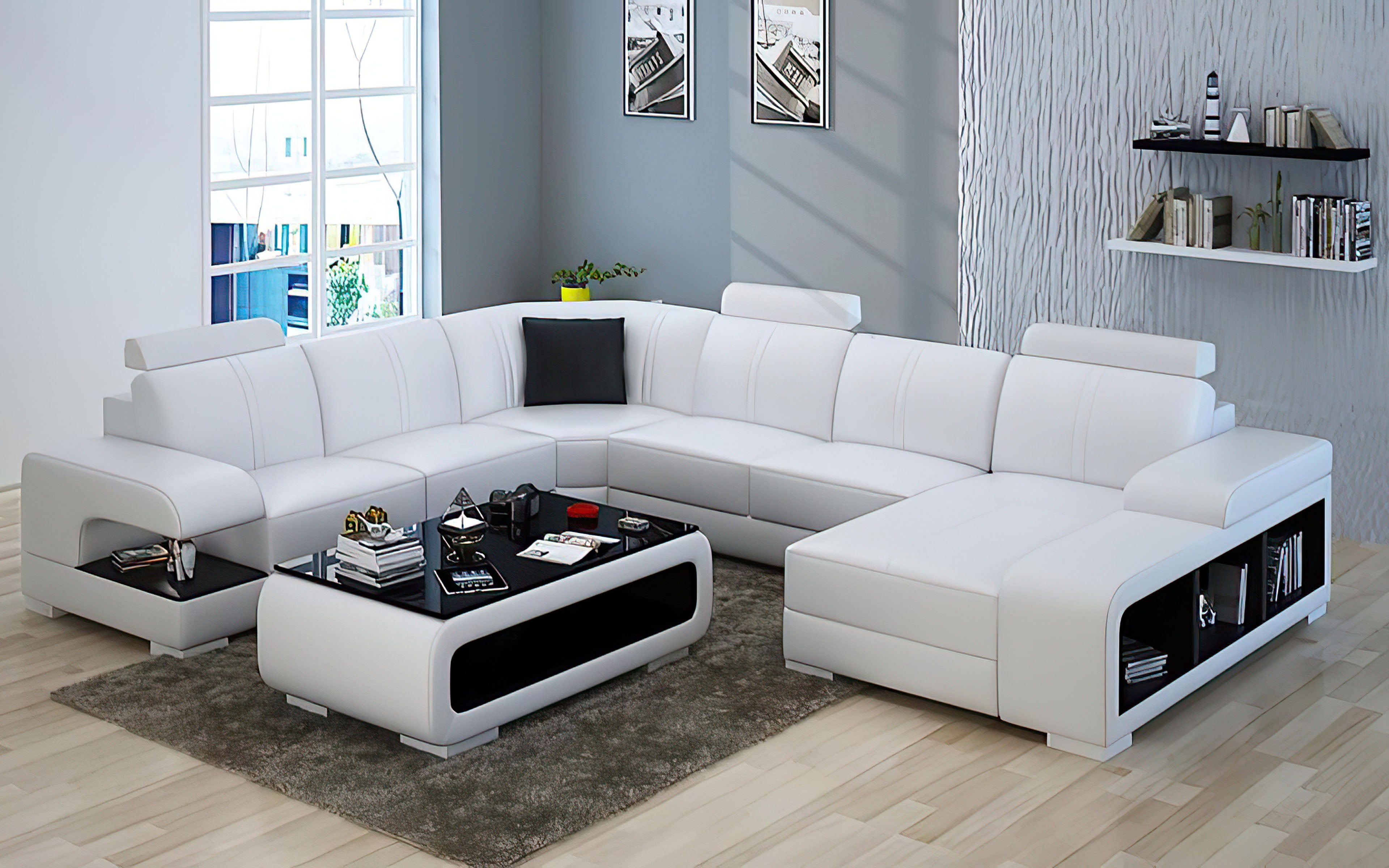 Elza Modern U-Shape Leather Sectional with LED Light