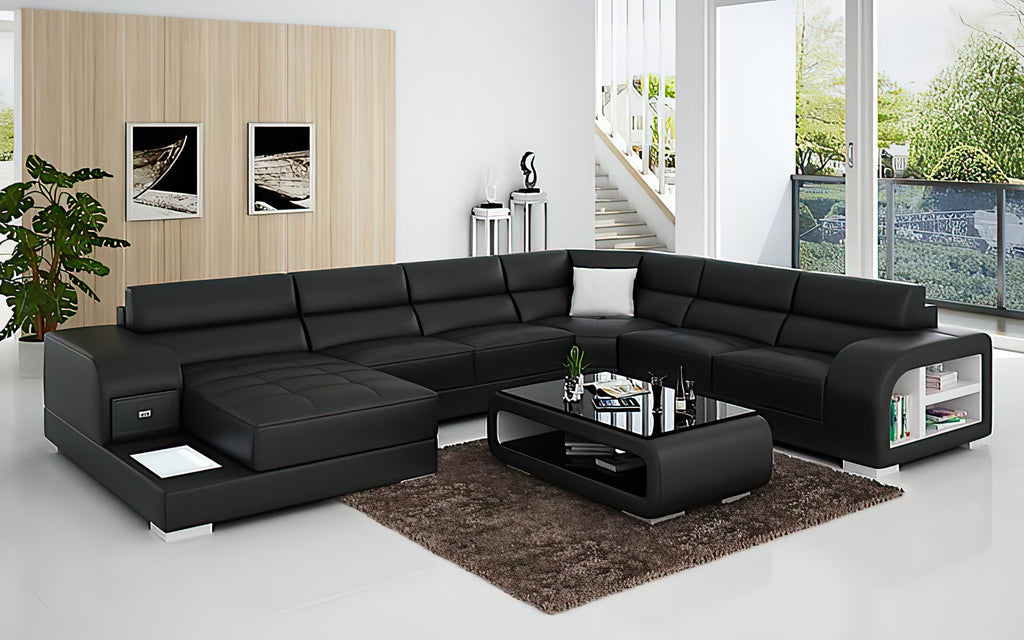 Poris Modern U-Shape Leather Sectional with Led Light