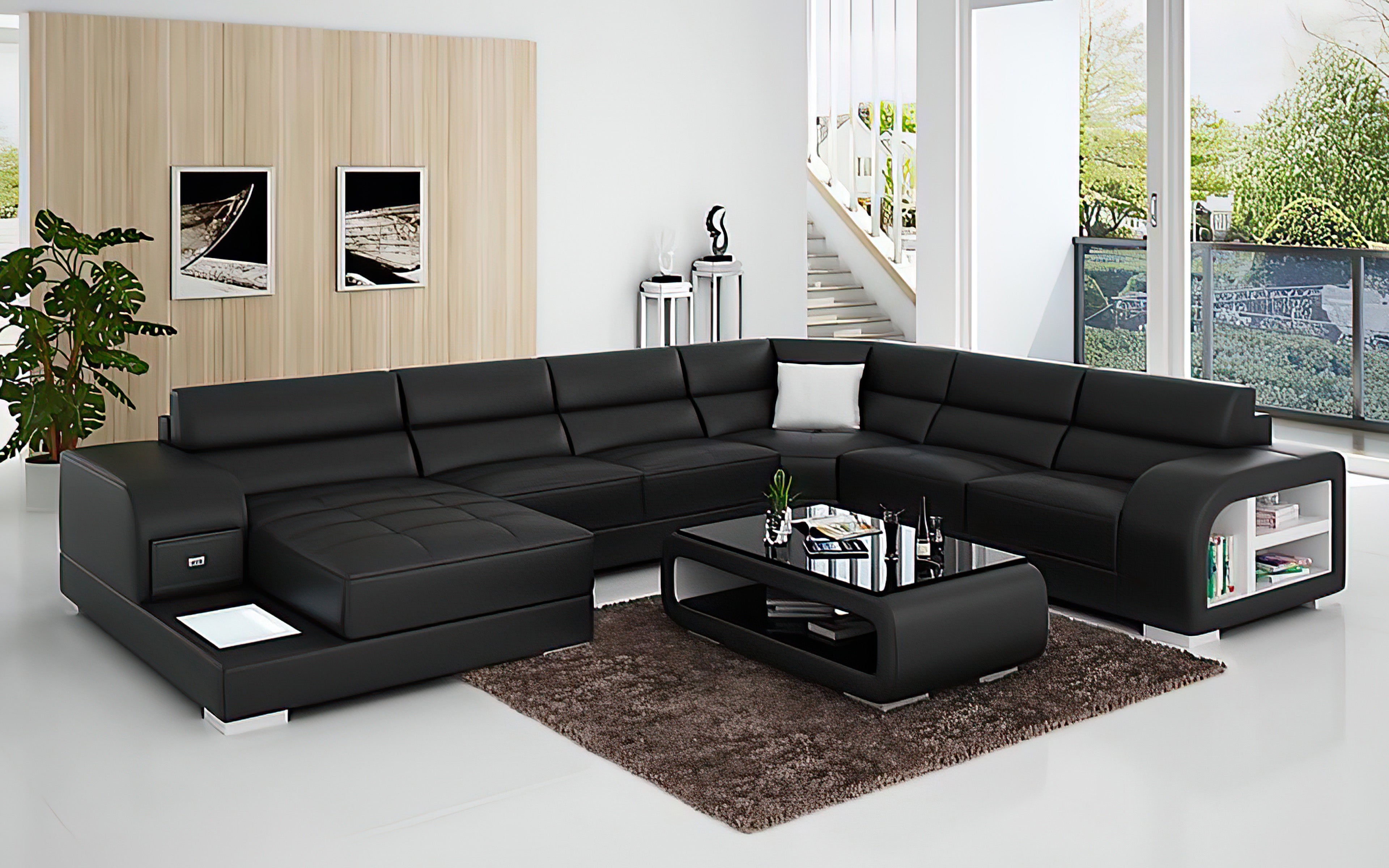 Poris Modern U-Shape Leather Sectional with Led Light