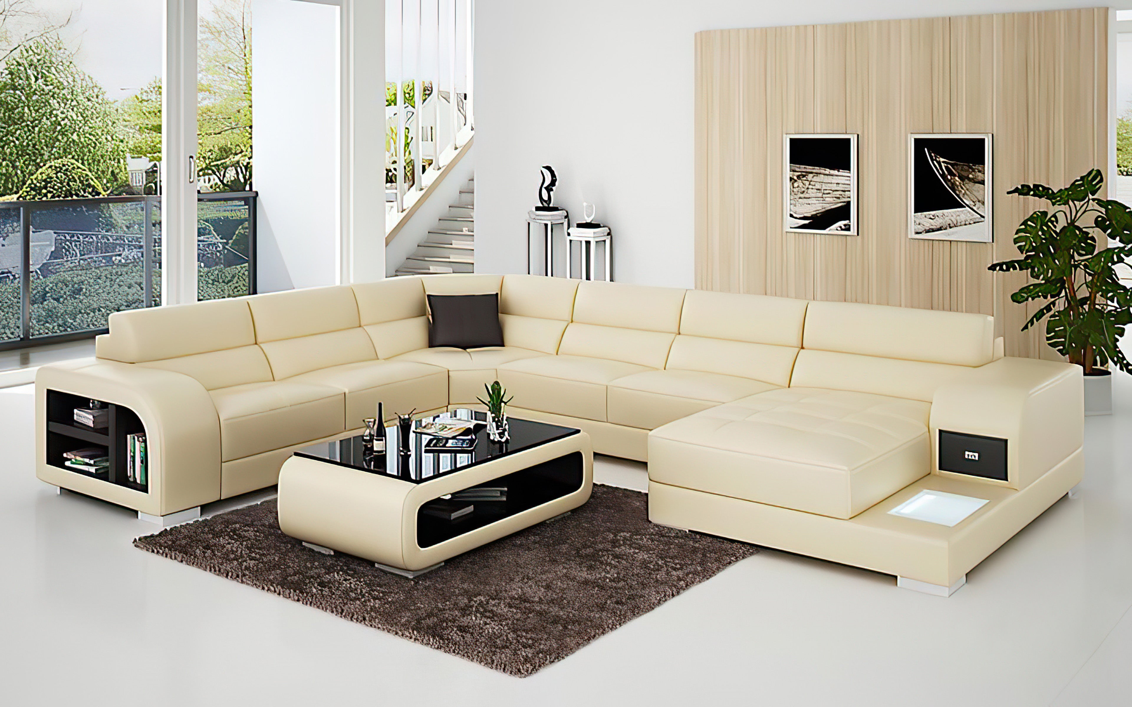 Poris Modern U-Shape Leather Sectional with Led Light