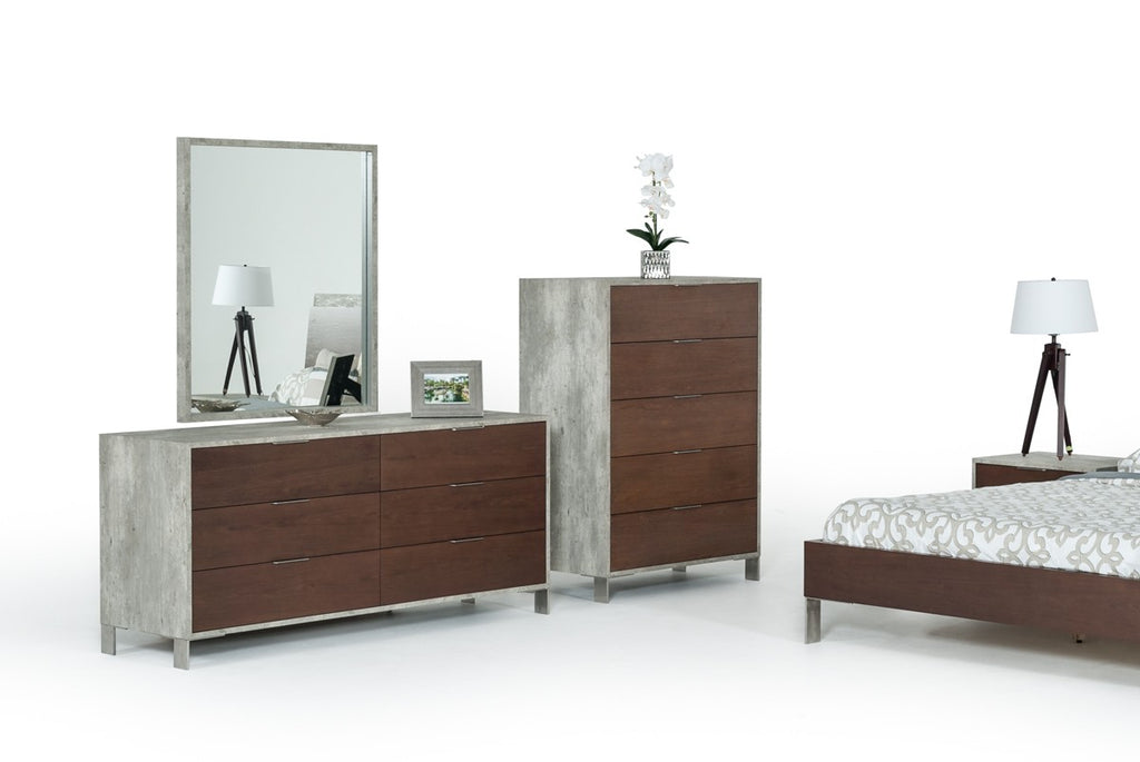 Camona Modern Dark Walnut & Faux Concrete Dresser&Mirror