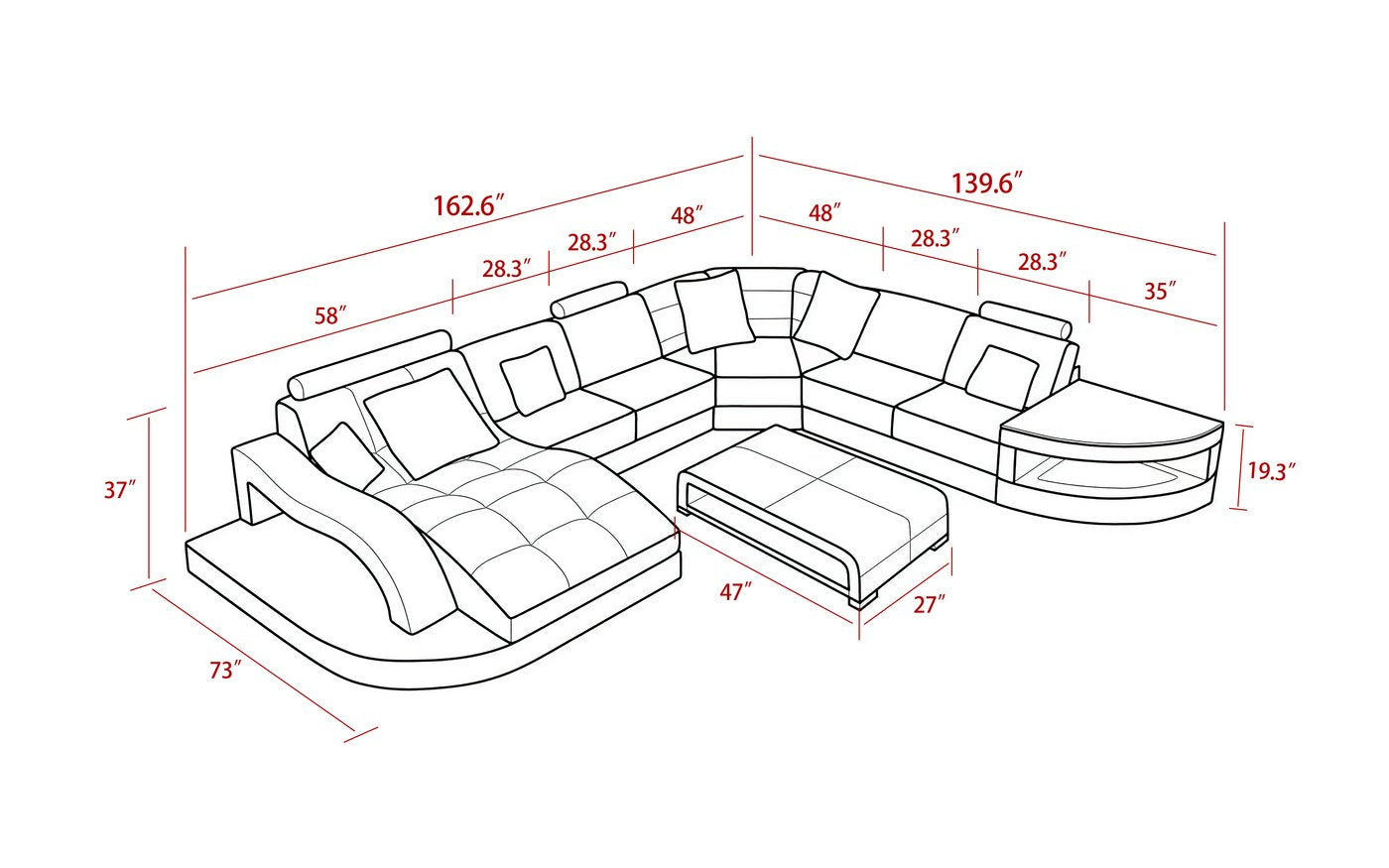 Navasota Large Leather Sectional with Shape Chaise